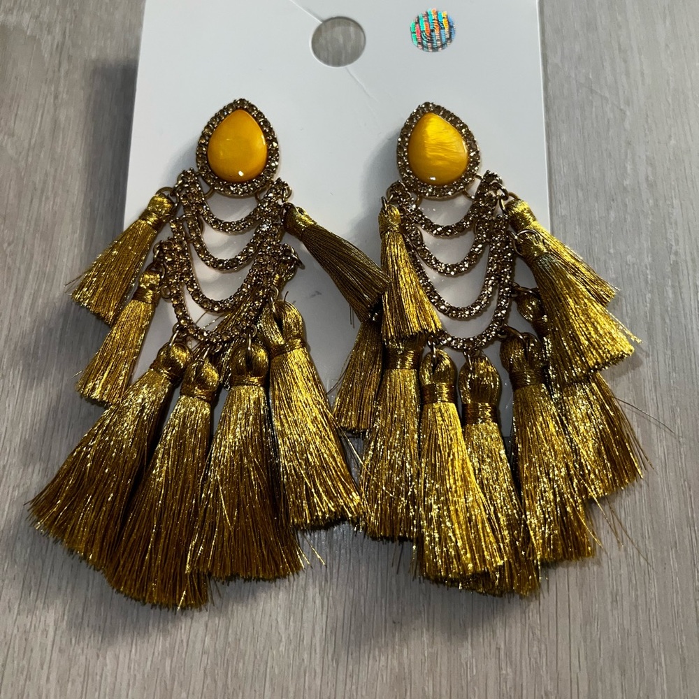 Yellow & Gold Stone & Fringe Statement Earrings